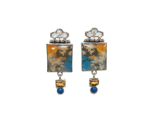 32540 Hand Enameled Flower Tile, Lapis, Citrine Sterling Silver Earrings