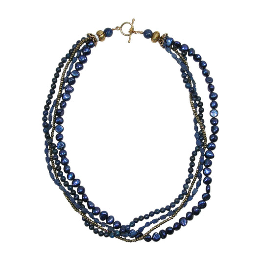 Blue Lapis, Freshwater Pearl Three Strand Sterling Silver Beaded Necklace