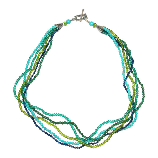 Five Strand Crystal, Turquoise Sterling Silver Beaded Necklace
