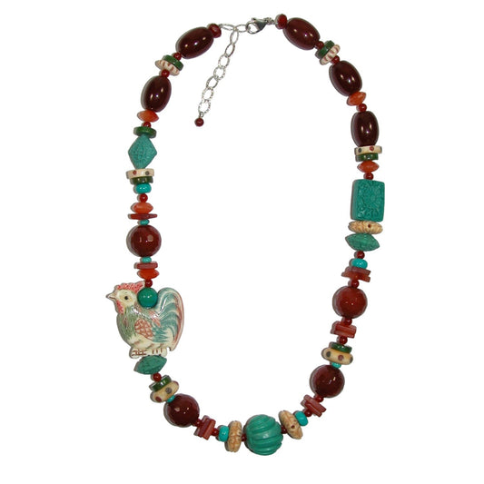 Carved Beaded Rooster Sterling Silver Necklace & Pendant