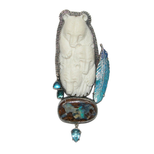 32588 Hand Carved Bone Boulder Opal Blue Topaz Celestial Quartz Enamel Sterling Silver Bear Pin Pendant
