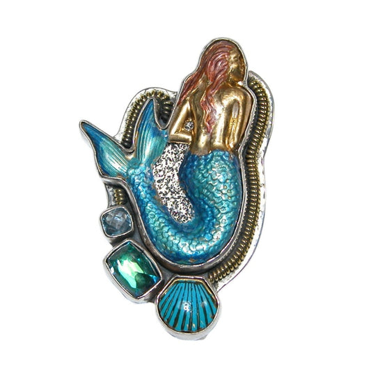 32614 Hand Painted Enamel Mermaid, Celestial Quartz Sterling Silver Pin and Pendant