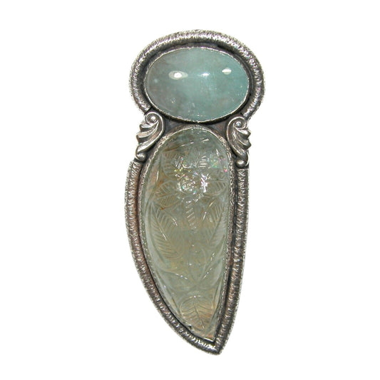 Carved Aquamarine Double Stone Sterling Silver Pin and Pendant