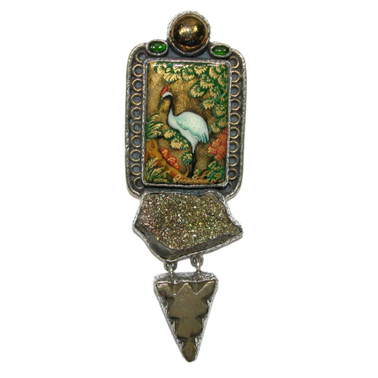 Crane Pyrite Drusy, Ashanti Gold Weight Sterling Silver Pin and Pendant