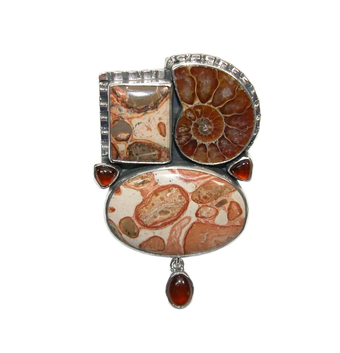 32621 Ammonite Fossil with Leopard Skin Jasper Pin Pendant