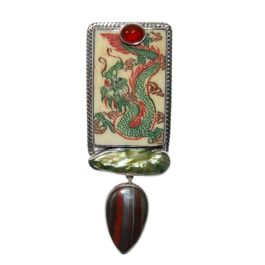 32623 Hand Etched Dragon on Bone, Carnelian, Freshwater Pearl Sterling Silver Pin and Pendant