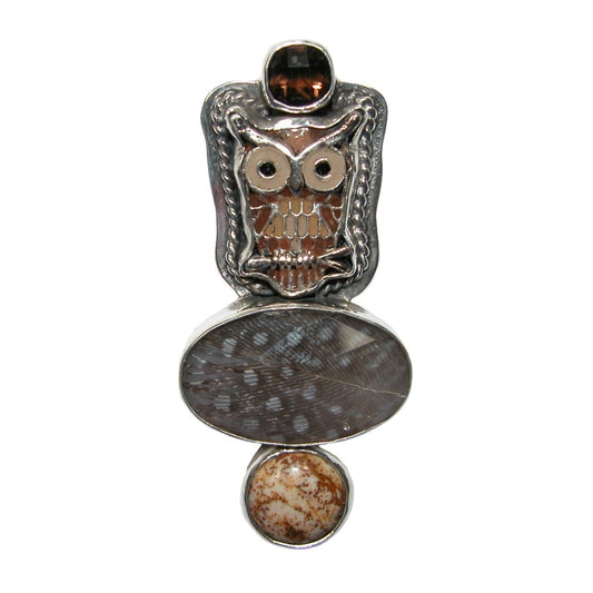 32627 Feather Under Quartz, Smoky Quartz, Picture Jasper Sterling Silver Pin and Pendant