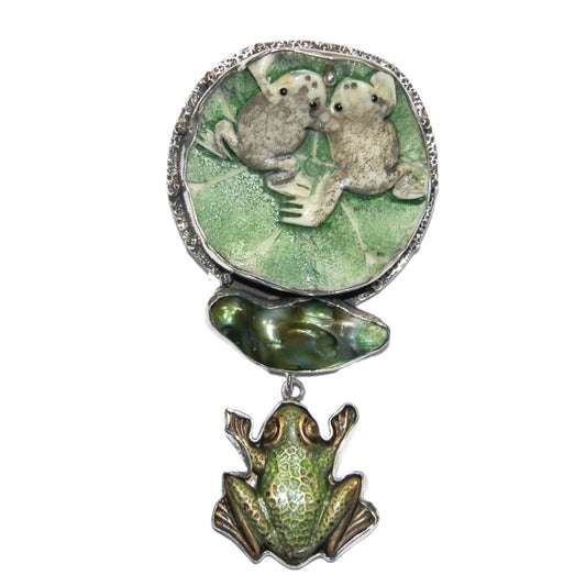 32631 Hand Carved Bone, Freshwater Pearl Sterling Silver Pin and Pendant