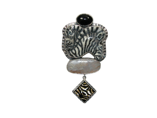 Hand Carved and Hand Painted Zebra Pin Pendant