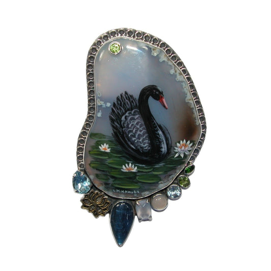 Hand Painted Miniature on Agate, Kyanite, Chalcedony, Blue Topaz Sterling Silver Pin and Pendant