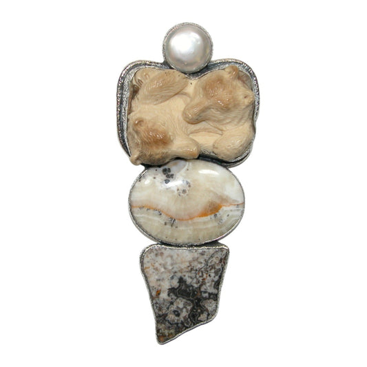 32644 Pearl, Jasper Bear Sterling Silver Pin and Pendant