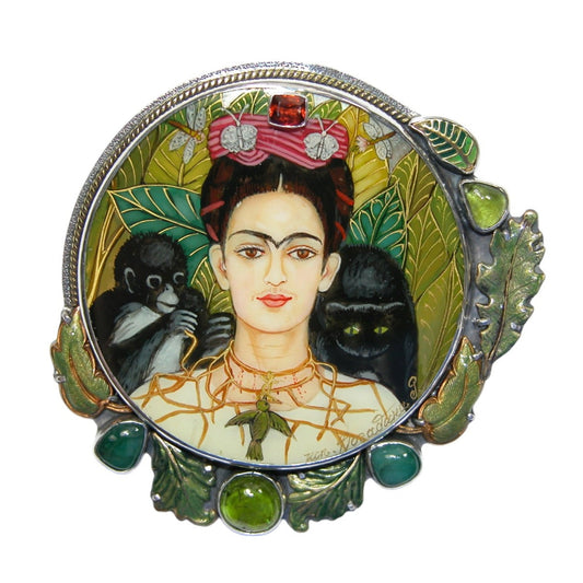32651 Hand Painted Miniature Frida on Mother of Pearl Pin and Pendant