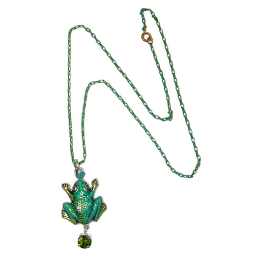 32666 Frog Hand Enameling, Turquoise, Celestial Quartz Sterling Silver Necklace