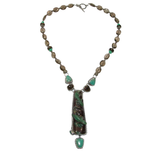 32669 Carved Turquoise Lizard Quartz Beaded Sterling Silver Necklace
