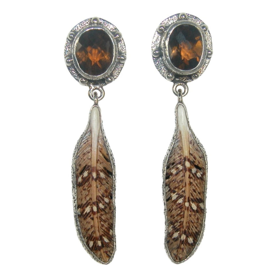32676 Hand Carved Bone and Smokey Quartz Feather Earrings
