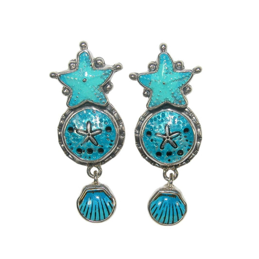 32679 Hand Enamel Starfish, Seashell Blue Sterling Silver Dangle Earrings