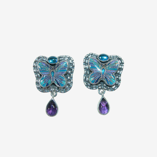 32683 Amethyst, Hand Enameling Butterfly Sterling Silver Earrings