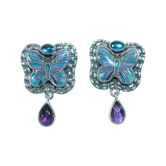32683 Amethyst, Hand Enameling Butterfly Sterling Silver Earrings