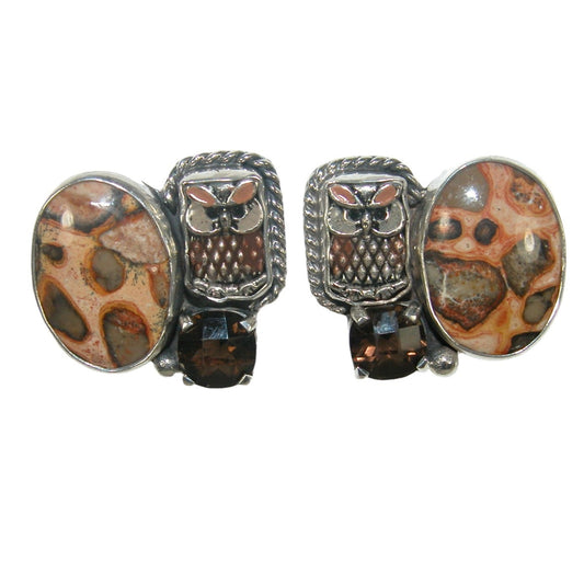 32686 Jasper, Smoky Quartz Owl Sterling Silver Earrings