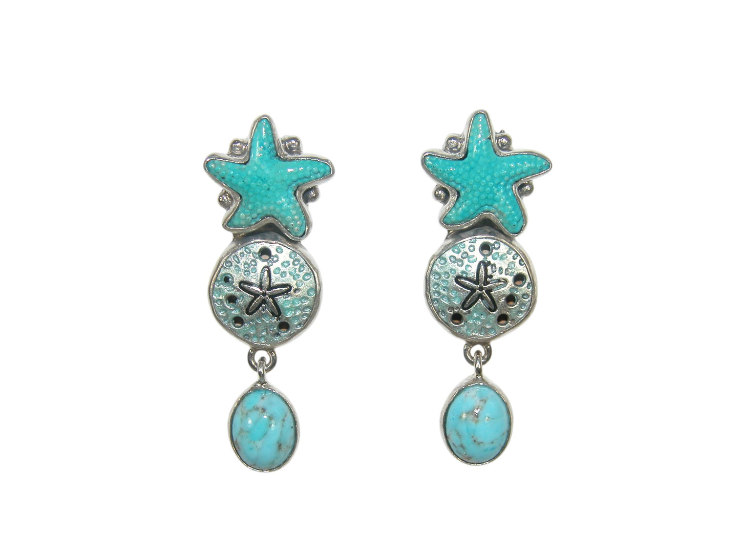 32687A Hand Enameled Starfish, Turquoise, Sterling Silver Earrings