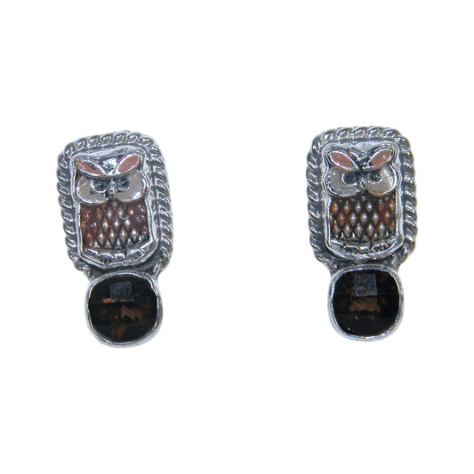 32689 Smokey Topaz, Hand Enamel Owl Sterling Silver Earrings