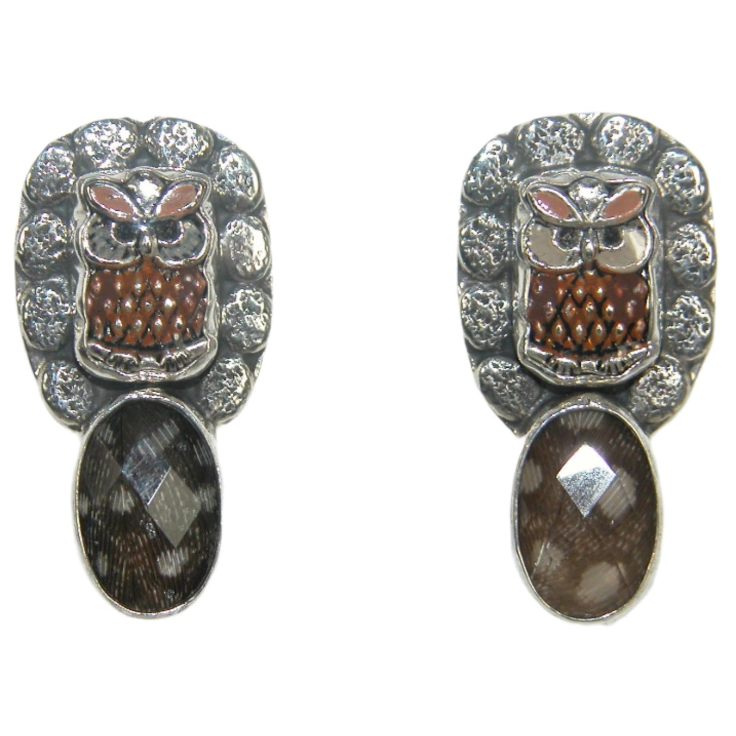 32693 Guinea Fowl Feather Under Quartz with Hand Enameled Owl Sterling Silver Earrings