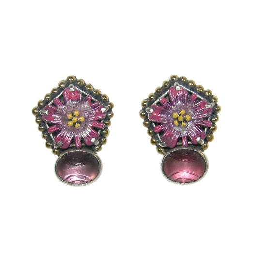 32694 Pink Hand Enameled Flower Hand Carved Celestial Quartz Sterling Silver Earrings