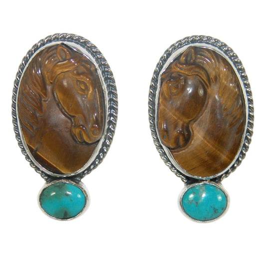 32700 Hand Carved Tiger Eye Horse with Turquoise Sterling Silver Earrings