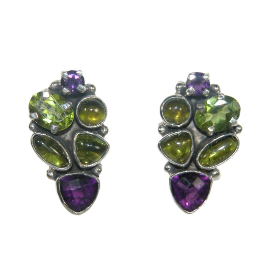 32701 Amethyst Peridot Sterling Silver Cluster Earrings