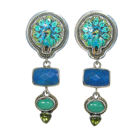 32702 Hand Enamel Peacock Lapis, Turquoise Sterling Silver Earrings