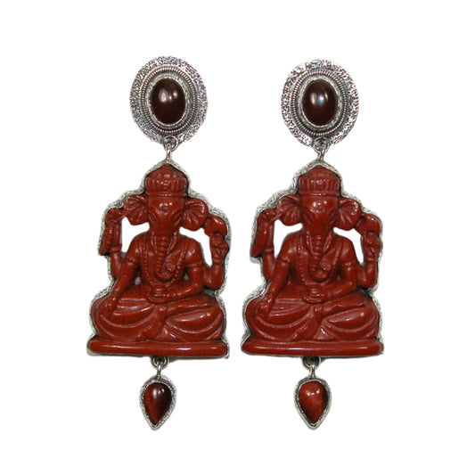 32707 Carved Jasper Ganesha with Red Tiger's Eye and Carnelian Dangle Sterling Silver Earrings