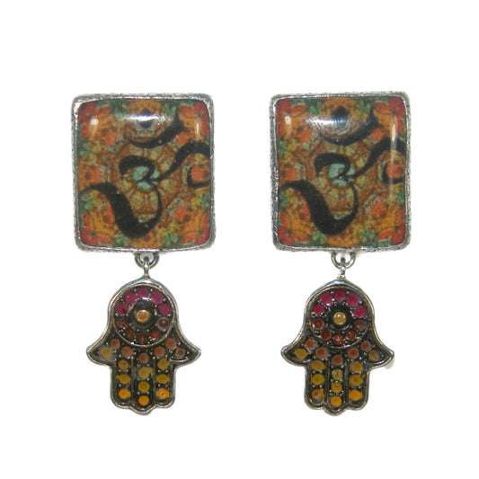 32710 Hand Made Ohm Tile with Hand Enameled Hamsa Hand Dangle Sterling Silver Earrings