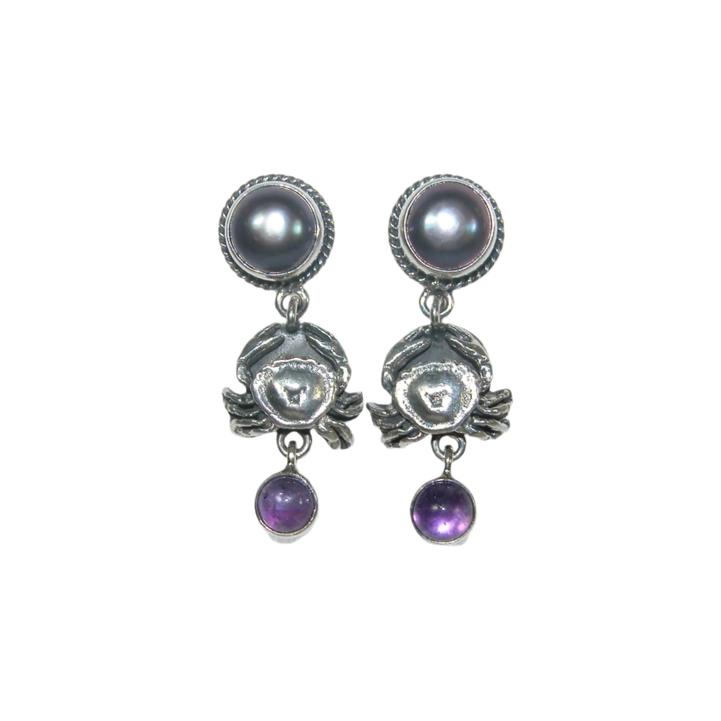 32713 Amethyst Pearl Crab Sterling Silver Dangle Earrings