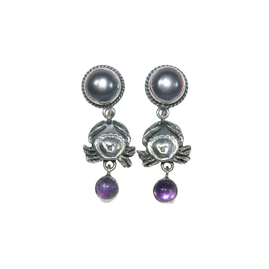 32713 Amethyst Pearl Crab Sterling Silver Dangle Earrings