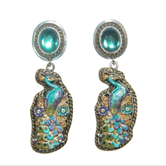 Celestial Quartz, Hand Enameled Peacock Sterling Silver Dangle Earrings
