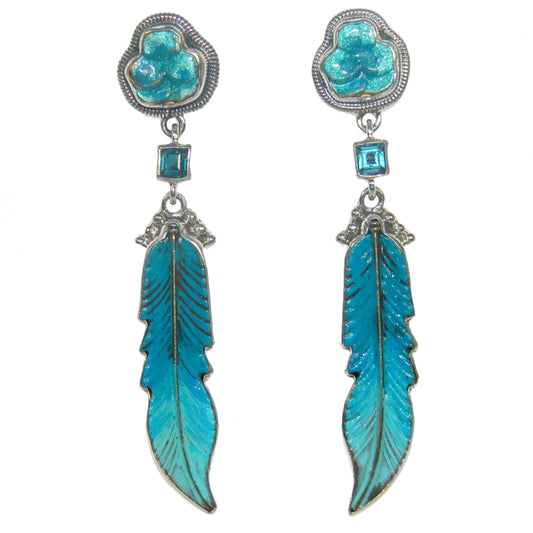 32719 Blue Topaz and Hand Enameled Feathers Sterling Silver Earrings