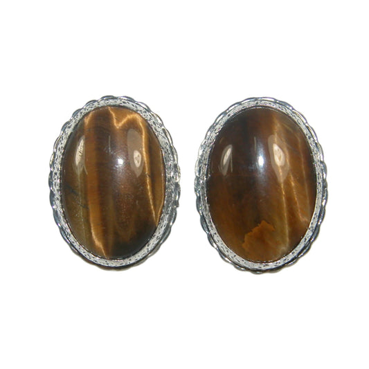 32722 Tiger Eye Oval Cabochon Stud Earrings