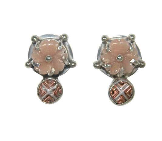 32726 Peach Aventurine Carved Flower Enamel Sterling Earring