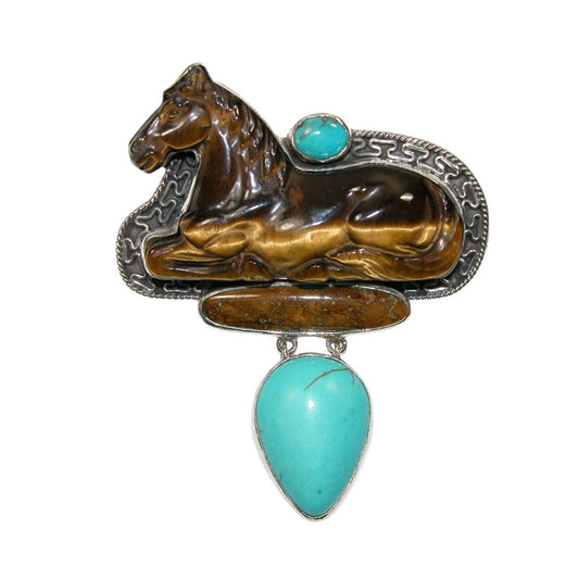 32727 Hand Carved Tiger Eye Horse Pin Pendant with Turquoise Pin and Pendant
