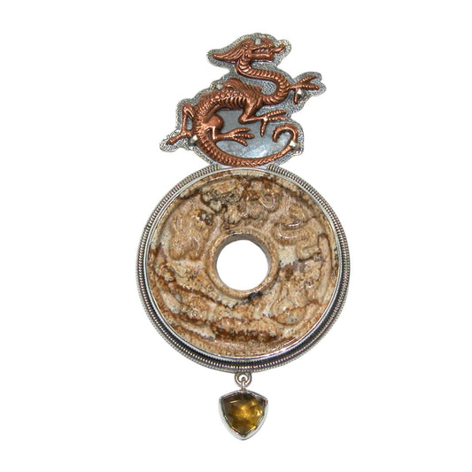 32728 Carved Medallion Dragon Sterling Silver Pin and Pendant