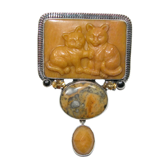 Hand Carved Yellow Jade Cat, Jasper, Citrine Sterling Silver Pin and Pendant