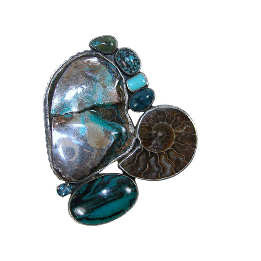 32730 Ammonite, Turquoise, Topaz Sterling Silver Pin and Pendant