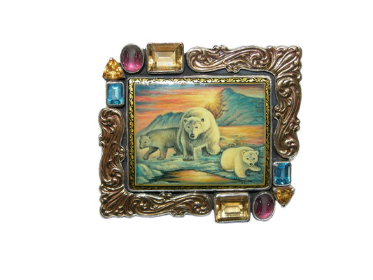Hand Painted Miniature of Bears on Black Onyx