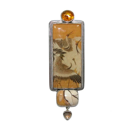 32735 Hand Made Crane Tile with Jasper, Amber and Quartz Sterling Silver Pin Pendant