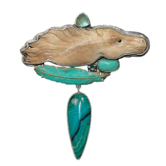 Hand Carved Fossil, Turquoise, London Blue Topaz, Chrysocolla Sterling Silver Pin and Pendant