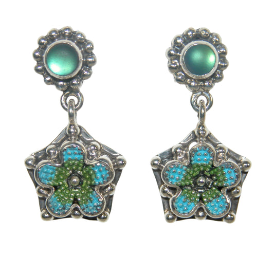 Teal Moonstone Hand Enameled Flower Dangle Sterling Silver Earrings