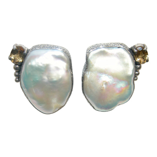 Freshwater Pearl, Citrine Sterling Silver Earrings