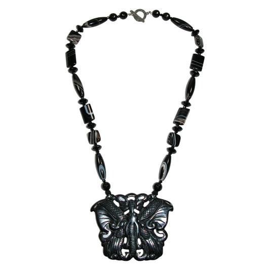 32750 Carved Black Onyx Butterfly Beaded Sterling Silver Necklace