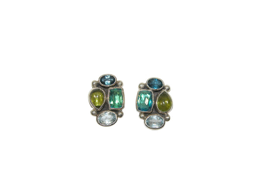 32752 Blue Topaz, Peridot, Quartz, Sterling Silver Cluster Earrings