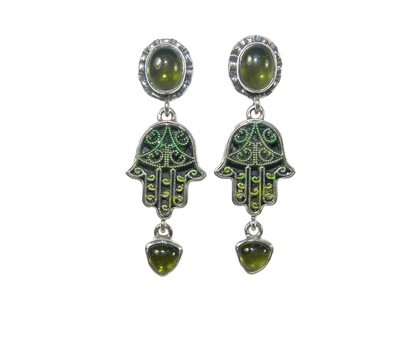 Vesuvianite and Hand Enameled Hamsa Sterling Silver Dangle Earrings